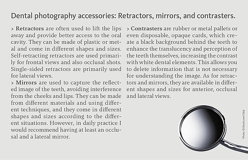 Dental photography accessories: Retractors, mirrors, and contrasters.