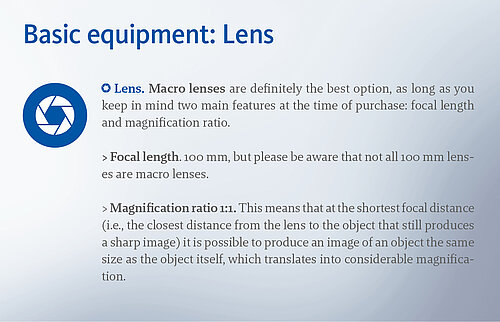 Basic equipment: Camera, flash, and lens.